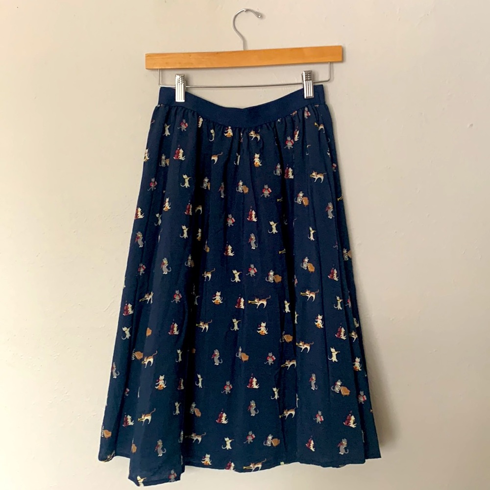 Tulip B Midi Cat Print Skirt, Size Small